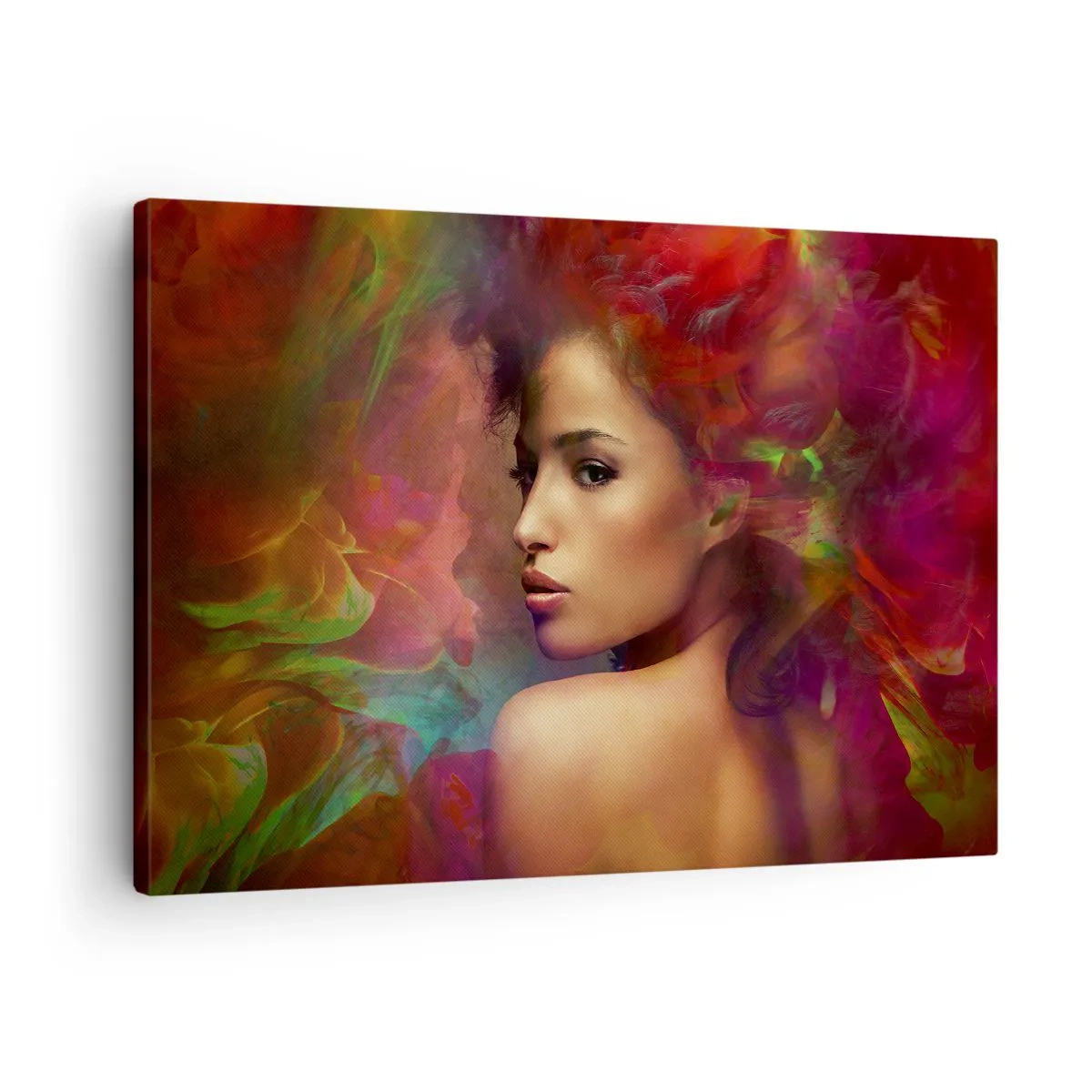 Bild auf Leinwand - Leinwandbild - Eine Frau mit bunten Reflexionen, die einen abstrakten Hintergrund erzeugen - 70x50cm - Schöner als ein Regenbogen, so zart wie ein Nebel - Moderne Wanddekoration für Wohnzimmer und Schlafzimmer ARTTOR