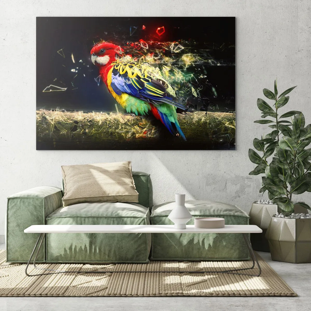 Glasbild - Bild auf glas - Ein bunter Papagei in einer künstlerischen Komposition mit Shatter-Effekt - 70x50cm - Botschafter des Strahlens - Moderne Wanddekoration für Wohnzimmer und Schlafzimmer ARTTOR