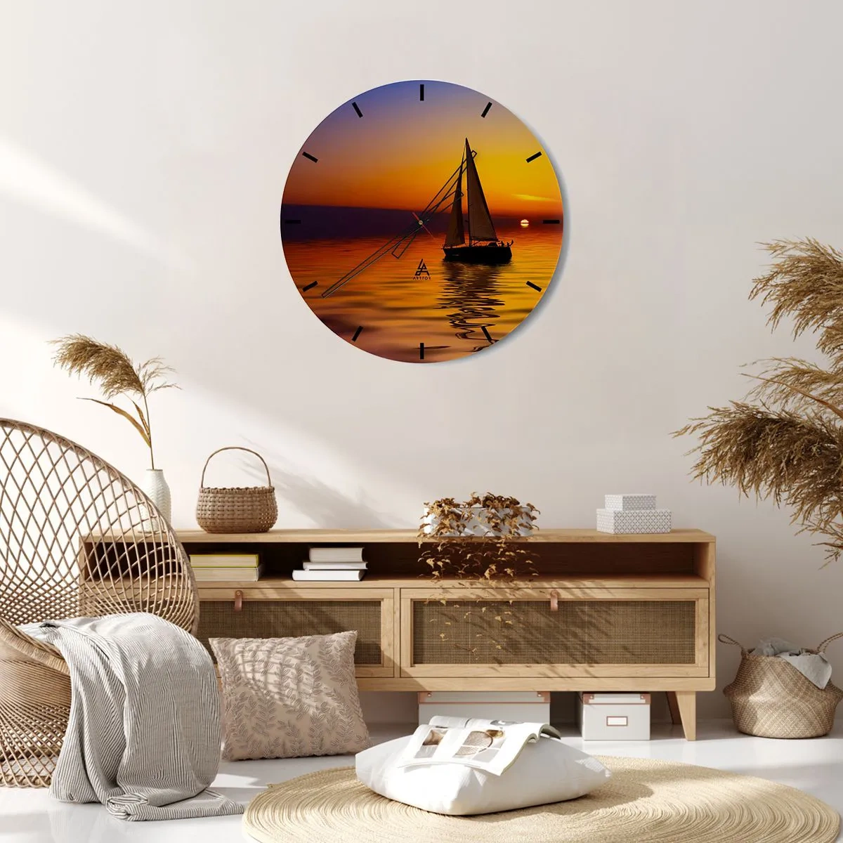 Wanduhr - Glasuhr - Ein Segelboot auf See bei Sonnenuntergang - 30x30cm - Wie ruhig es hier in der Abenddämmerung ist... - Moderne Wanddekoration für Wohnzimmer, Küche und Schlafzimmer ARTTOR