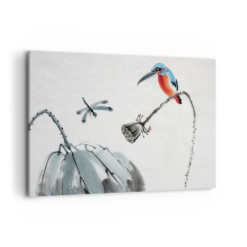 Bild auf Leinwand - Leinwandbild - Ein bunter Vogel vor einem Hintergrund aus Vegetation und einer Libelle - 120x80cm - Das Leben der Wiese - Moderne Wanddekoration für Wohnzimmer und Schlafzimmer ARTTOR