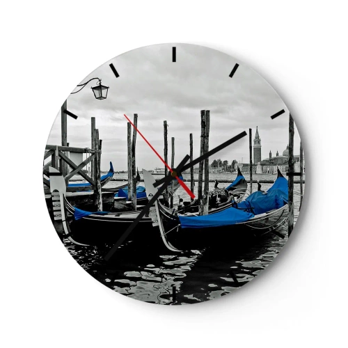 Wanduhr - Glasuhr - Schwarz-weiße Gondeln mit blauen Abdeckungen in Venedig - 30x30cm - Nachdenkliches Venedig - Moderne Wanddekoration für Wohnzimmer, Küche und Schlafzimmer ARTTOR