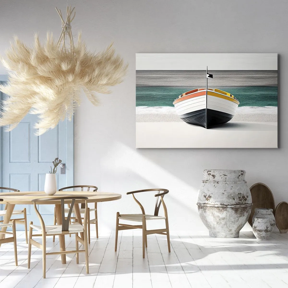 Bild auf Leinwand - Leinwandbild - Ein Boot am Strand mit türkisfarbenem Meer im Hintergrund - 70x50cm - An seinem Platz - Moderne Wanddekoration für Wohnzimmer und Schlafzimmer ARTTOR