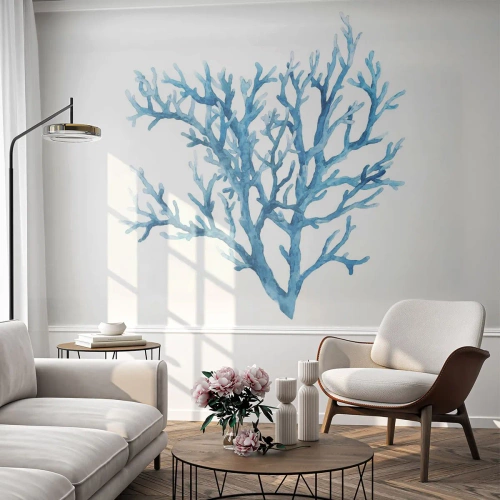 Fototapete Premium Sand - Blaue Koralle auf weißem Hintergrund in Aquarelltechnik - 100x70cm - Nautisches Filigran - Moderne Wanddekoration für Wohnzimmer und Schlafzimmer ARTTOR