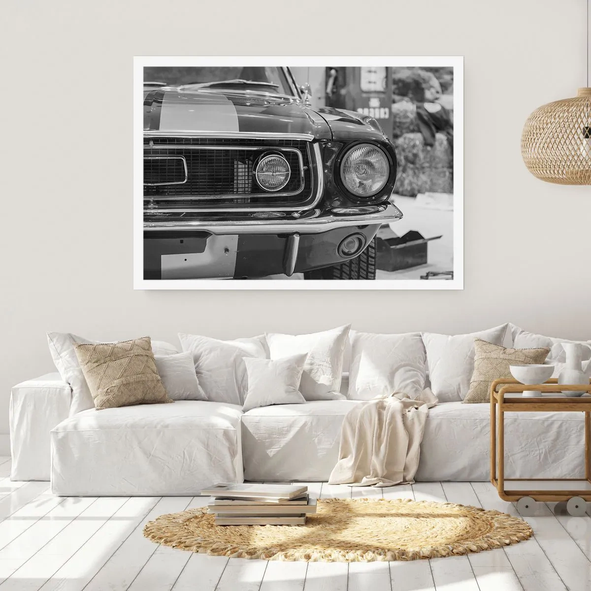 Poster - Schwarz-weiße Motorhaube eines Oldtimers - 100x70cm - Wilder Ritt - Moderne Wanddekoration für Wohnzimmer und Schlafzimmer ARTTOR