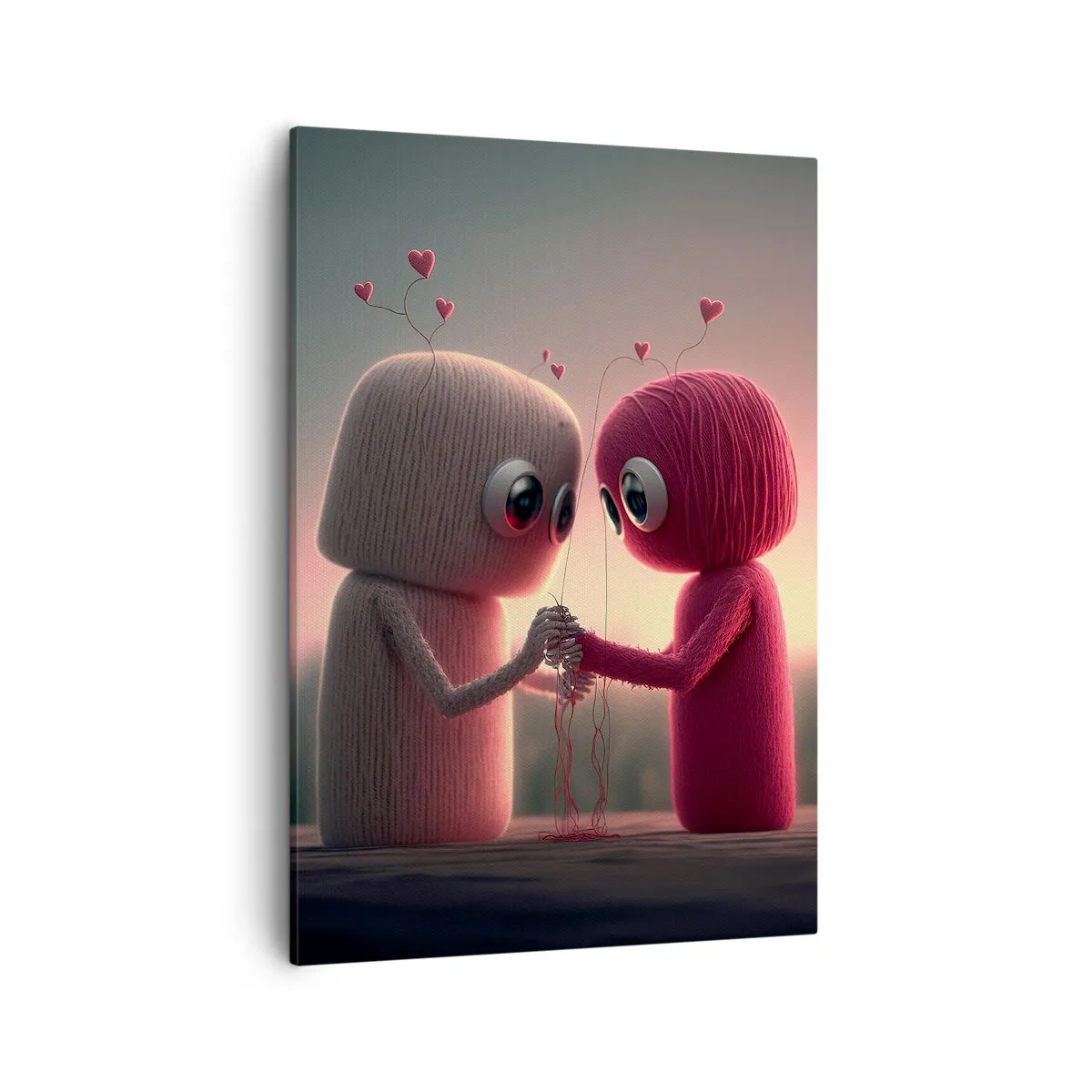 Bild auf Leinwand - Leinwandbild - Garnfiguren in einer bezaubernden Umgebung mit Herzmotiven - 50x70cm - Jeder darf lieben - Moderne Wanddekoration für Wohnzimmer und Schlafzimmer ARTTOR