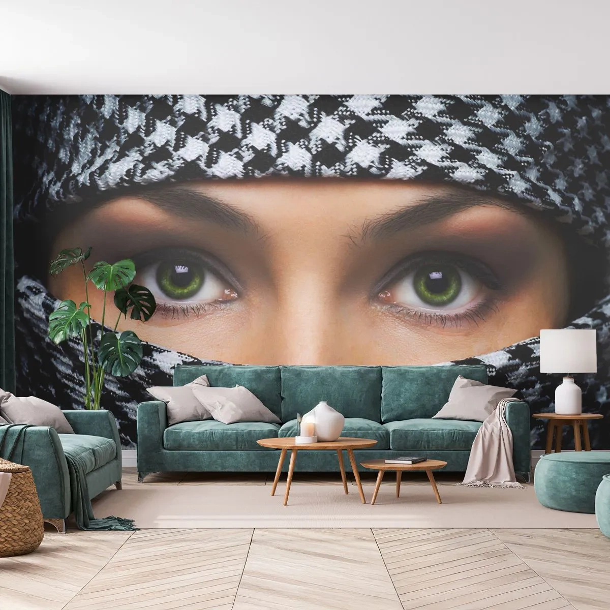 Fototapete Premium Canvas - Hinter einem schwarz-weiß gemusterten Stoff verbergen sich die grünen Augen einer Frau. - 100x70cm - Ein Porträt einer verschleierten grünäugigen Schönheit - Moderne Wanddekoration für Wohnzimmer und Schlafzimmer ARTTOR