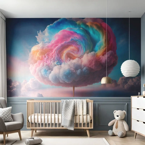Maßgeschneiderte selbstklebende Fototapete Deluxe Sticker - Traum von einem Vergnügungspark - Pastell, Wolken, Zuckerhaltig