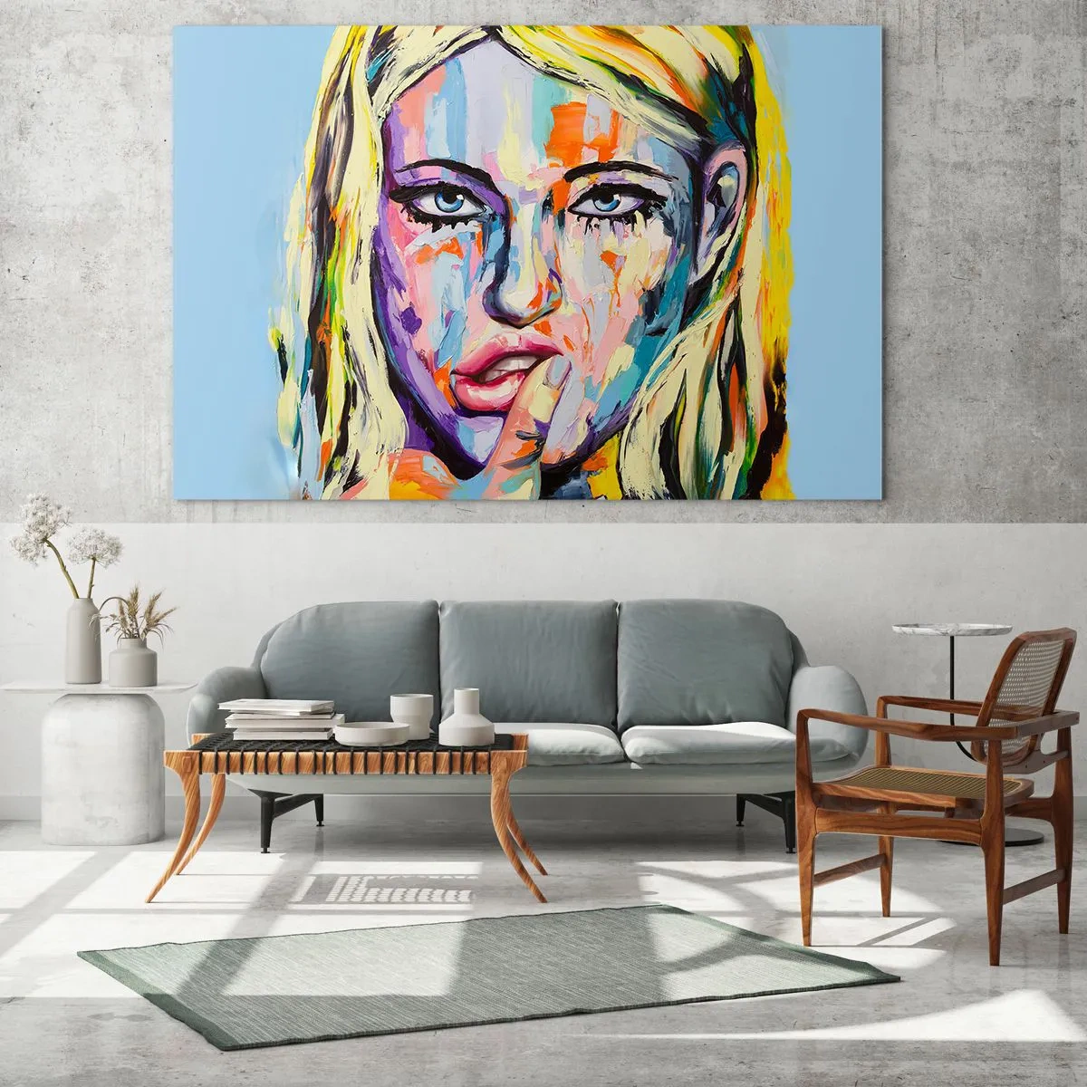 Glasbild - Bild auf glas - Ein farbenfrohes Porträt einer Frau mit nachdenklichem Ausdruck - 120x80cm - Schau ihr direkt in die Augen - Moderne Wanddekoration für Wohnzimmer und Schlafzimmer ARTTOR