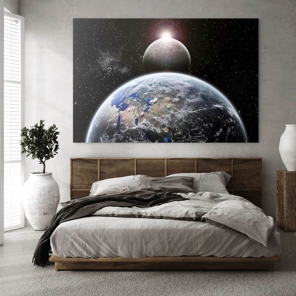 Glasbild - Bild auf glas - Erde und Mond im Weltraum - 70x50cm - Weltraumlandschaft - Sonnenaufgang - Moderne Wanddekoration für Wohnzimmer und Schlafzimmer ARTTOR