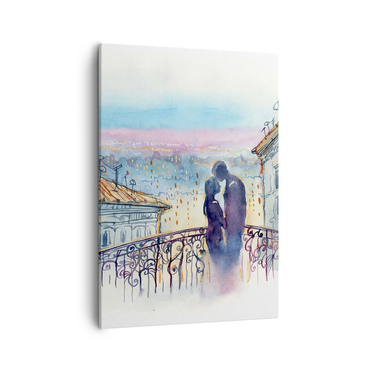 Bild auf Leinwand - Leinwandbild - Romantisches Paar auf einem Balkon mit Blick auf die Stadt - 50x70cm - Paris-Liebhaber - Moderne Wanddekoration für Wohnzimmer und Schlafzimmer ARTTOR