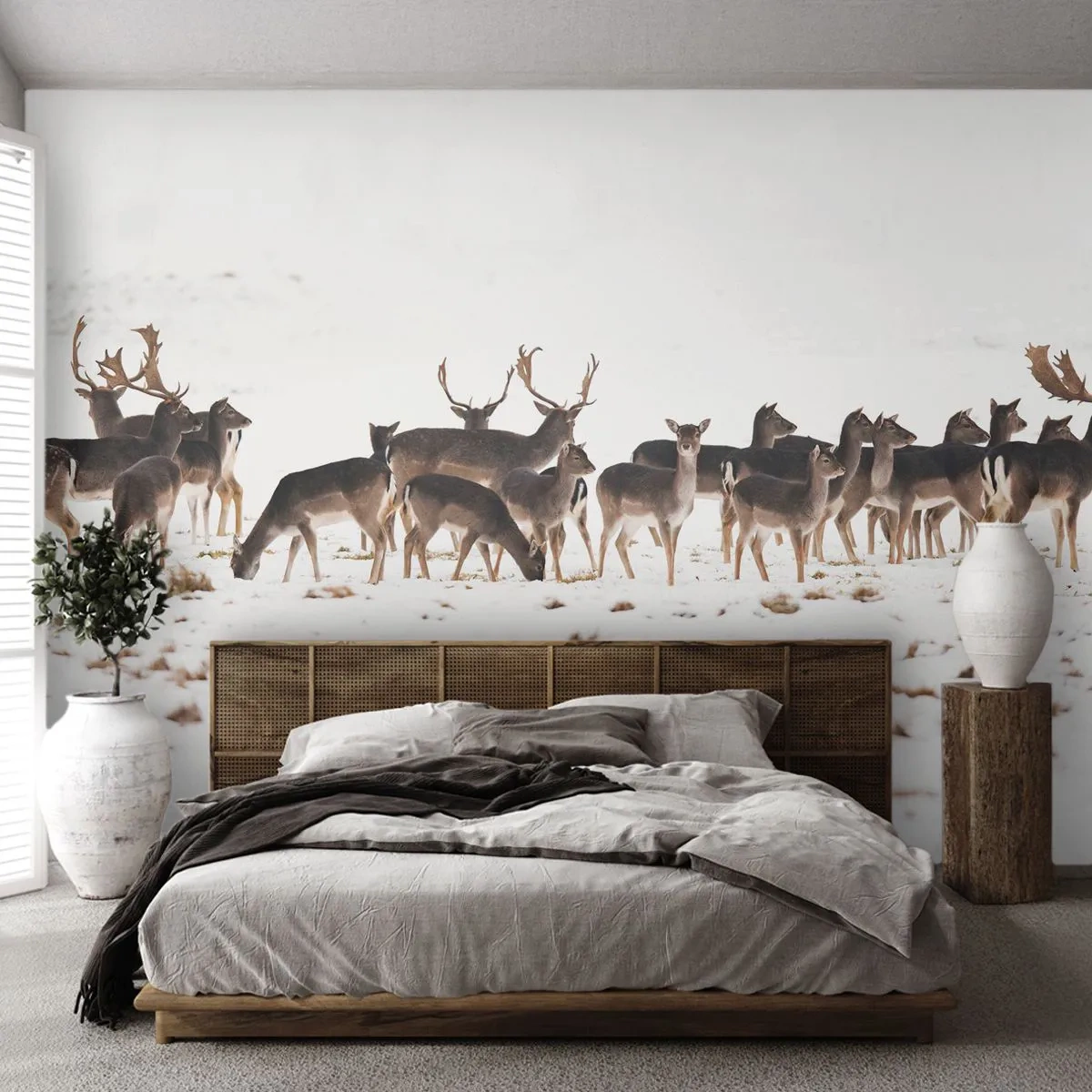 Fototapete Premium Sand - Eine Herde Hirsche vor einem winterlichen Hintergrund - 100x70cm - Kommen die Weihnachten? - Moderne Wanddekoration für Wohnzimmer und Schlafzimmer ARTTOR