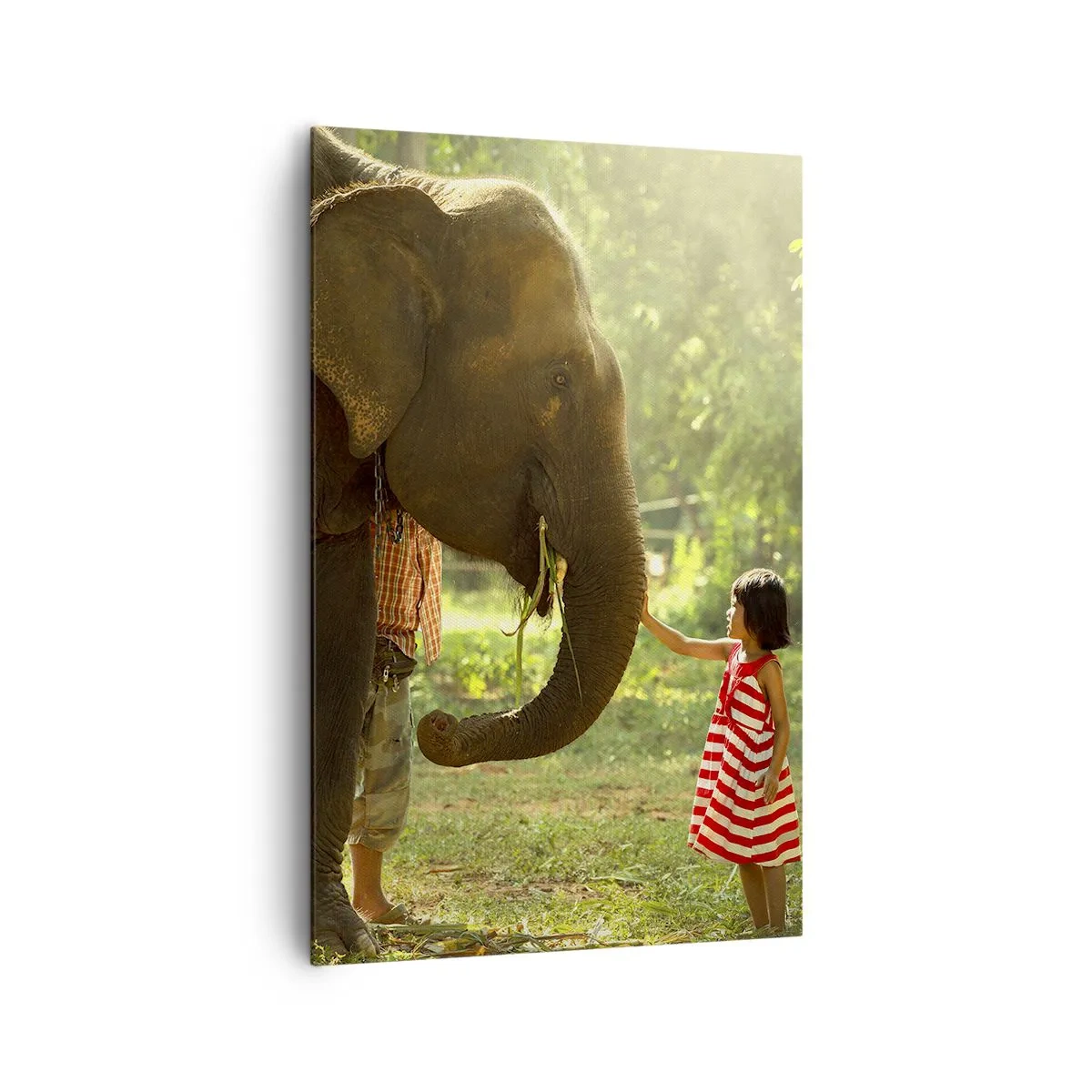Bild auf Leinwand - Leinwandbild - Ein Mädchen in einem roten Kleid berührt einen Elefanten im Wald. - 80x120cm - Die Stärke der Freundschaft - Moderne Wanddekoration für Wohnzimmer und Schlafzimmer ARTTOR