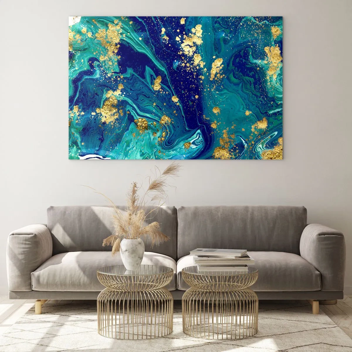 Glasbild - Bild auf glas - Ein abstraktes Muster in Türkis- und Marineblautönen mit goldenen Akzenten - 100x70cm - Die Blütenblätter der Sonne - Moderne Wanddekoration für Wohnzimmer und Schlafzimmer ARTTOR