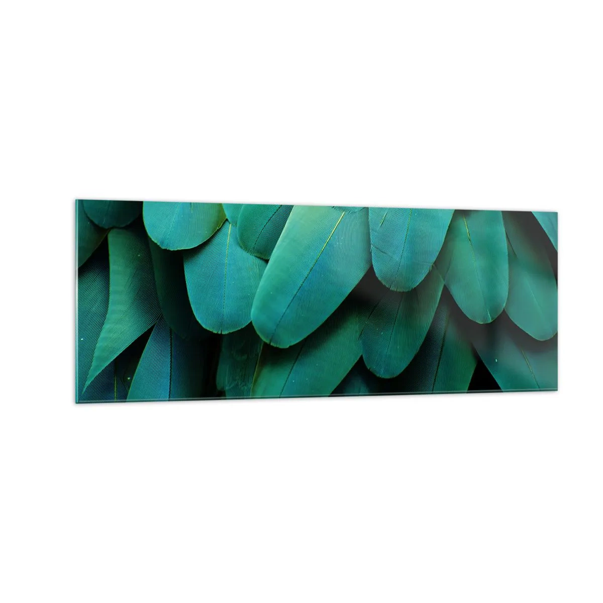 Glasbild - Bild auf glas - Federdetails in Grüntönen - 140x50cm - Papageienartige Präzision - Moderne Wanddekoration für Wohnzimmer und Schlafzimmer ARTTOR