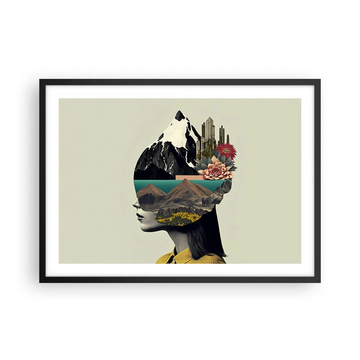Poster in einem schwarzem Rahmen - Collage einer Frau mit Berglandschaft und Blumen - 70x50cm - Frau – bleibt immer ein Geheimnis - Moderne Wanddekoration für Wohnzimmer und Schlafzimmer ARTTOR