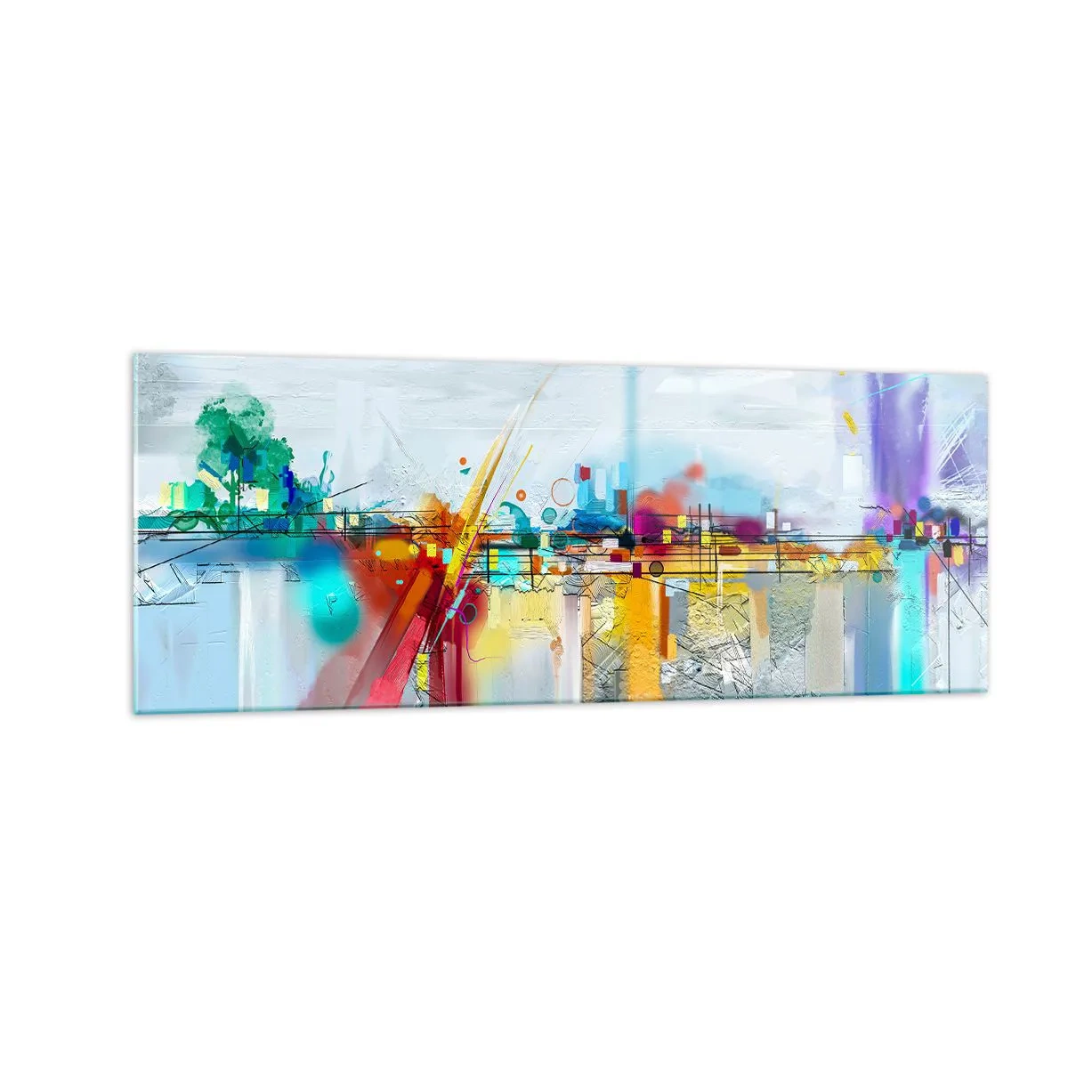 Glasbild - Bild auf glas - Abstrakte Landschaft mit bunten Akzenten - 140x50cm - Freudenbrücke über den Fluss des Lebens - Moderne Wanddekoration für Wohnzimmer und Schlafzimmer ARTTOR