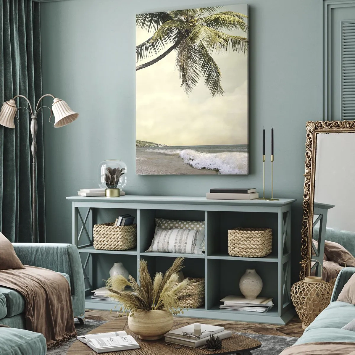 Bild auf Leinwand - Leinwandbild - Ein Strand mit Palmen vor der Kulisse eines ruhigen Meeres - 50x70cm - Tropischer Traum - Moderne Wanddekoration für Wohnzimmer und Schlafzimmer ARTTOR