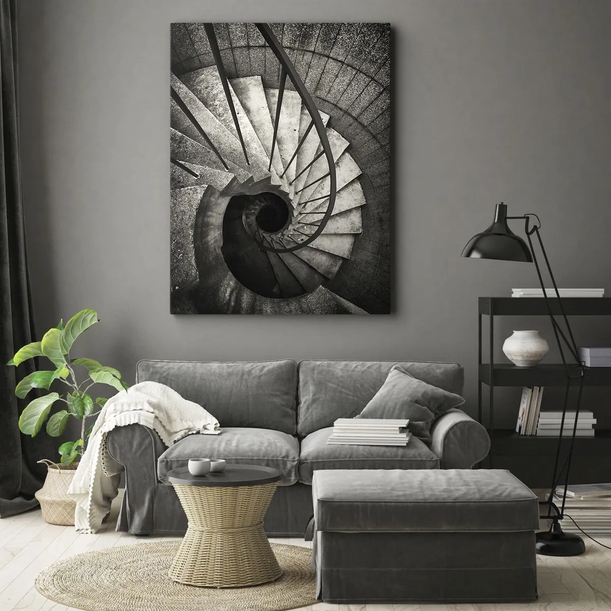 Bild auf Leinwand - Leinwandbild - Schwarz-weiße Wendeltreppe im modernen Stil - 50x70cm - Treppe hoch, Treppe runter - Moderne Wanddekoration für Wohnzimmer und Schlafzimmer ARTTOR