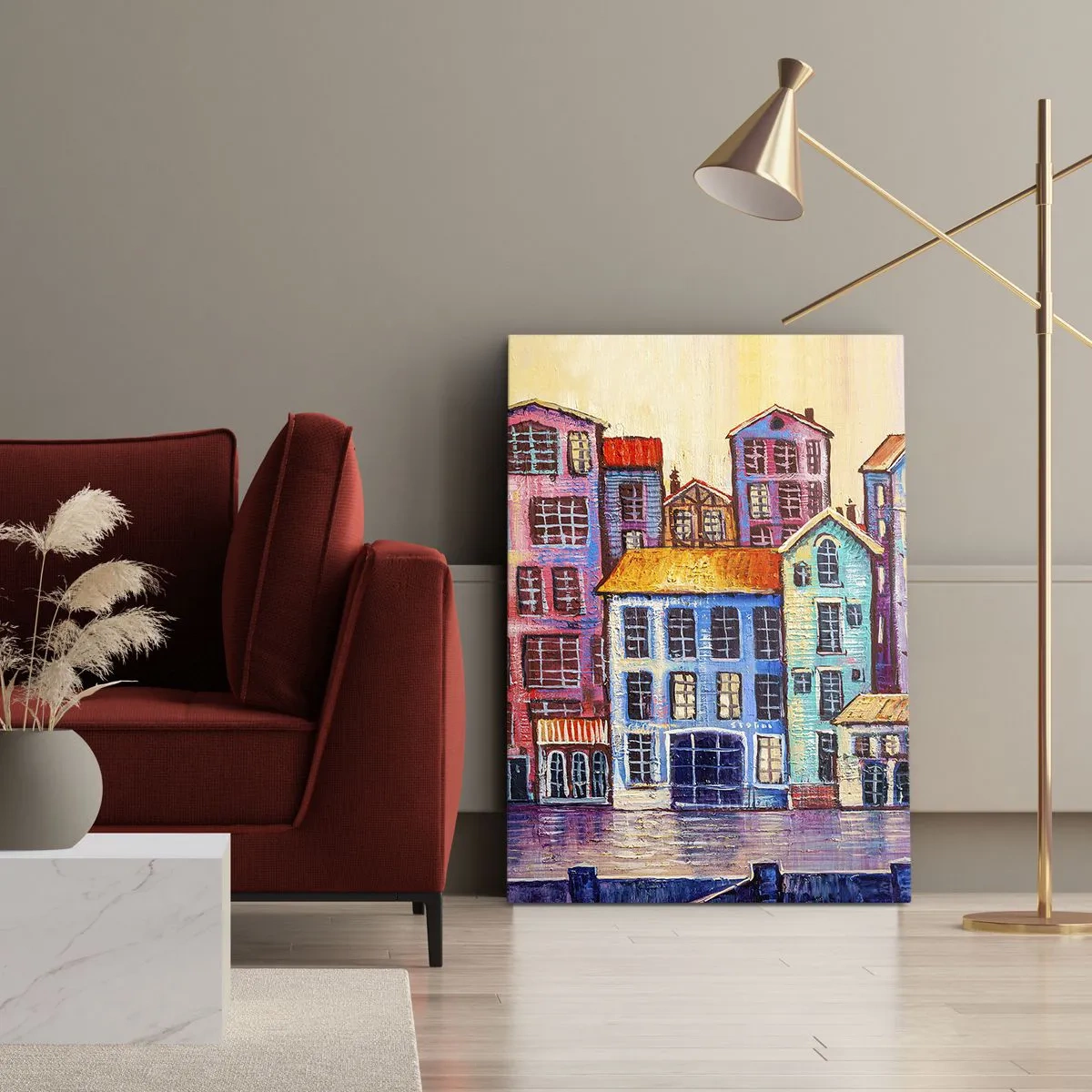 Bild auf Leinwand - Leinwandbild - Bunte Mietshäuser am Wasser im künstlerischen Stil - 50x70cm - Stadt wie aus einem Märchen - Moderne Wanddekoration für Wohnzimmer und Schlafzimmer ARTTOR