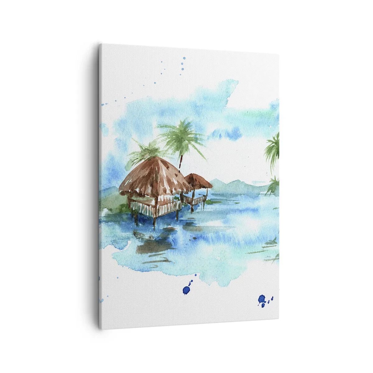 Bild auf Leinwand - Leinwandbild - Aquarellmalerei einer tropischen Landschaft mit Häusern und Palmen - 50x70cm - Irgendwo im Pazifik - Moderne Wanddekoration für Wohnzimmer und Schlafzimmer ARTTOR