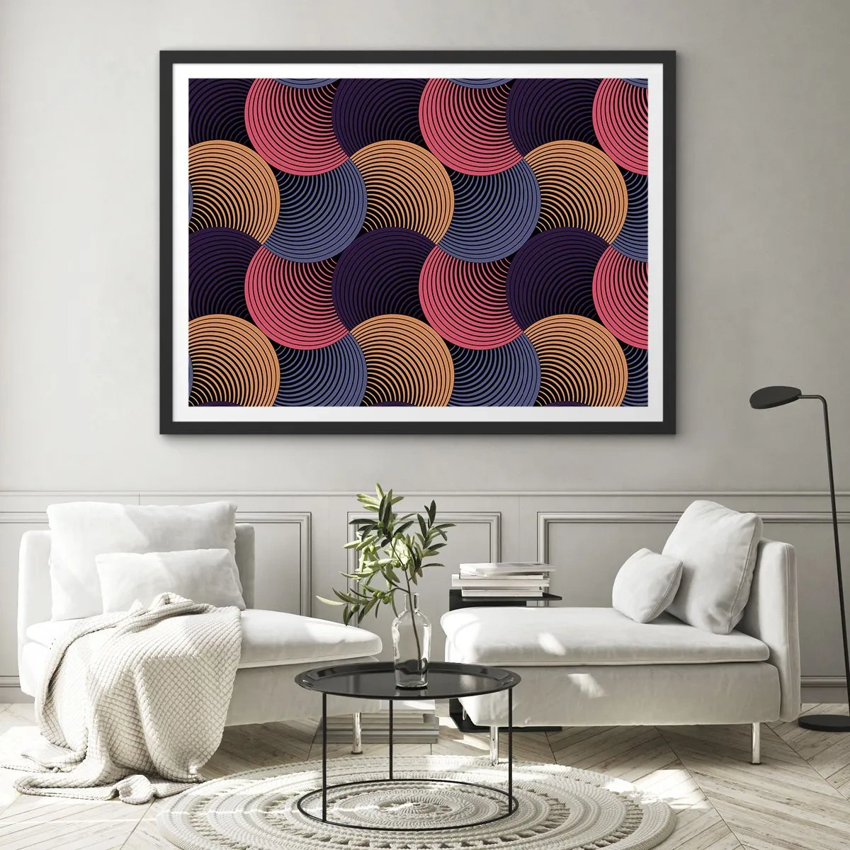 Poster in einem schwarzem Rahmen - Geometrische Kreise in Rosa-, Lila- und Goldtönen - 70x50cm - Im kreisenden Rhythmus - Moderne Wanddekoration für Wohnzimmer und Schlafzimmer ARTTOR