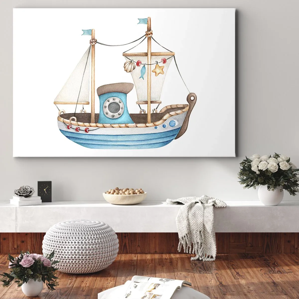 Bild auf Leinwand - Leinwandbild - Abbildung eines Schiffes in Pastellfarben auf weißem Hintergrund - 70x50cm - Ahoi, Abenteuer! - Moderne Wanddekoration für Wohnzimmer und Schlafzimmer ARTTOR