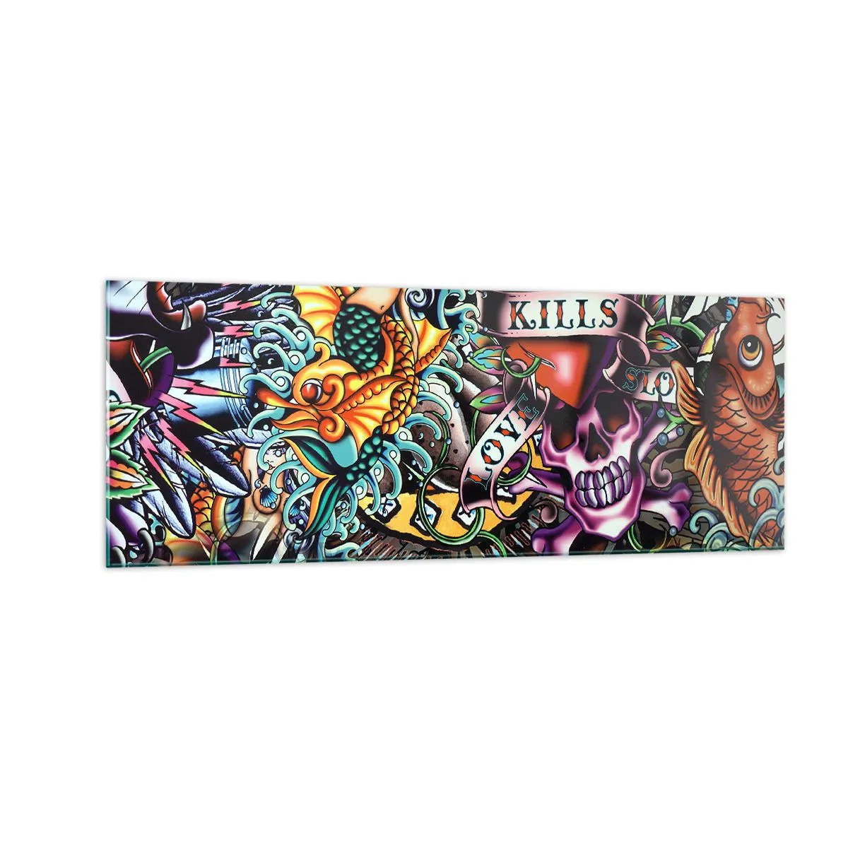 Glasbild - Bild auf glas - Farbenfrohe Kunstwerke im Tattoo-Stil mit Totenköpfen und nautischen Motiven - 140x50cm - Der Traum des Tätowierers - Moderne Wanddekoration für Wohnzimmer und Schlafzimmer ARTTOR