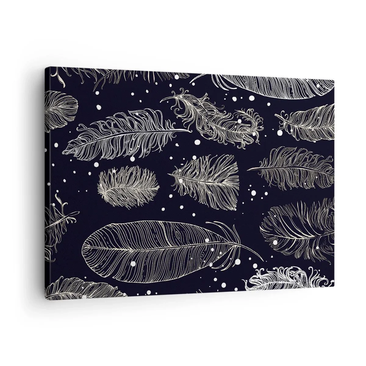 Bild auf Leinwand - Leinwandbild - Zarte weiße Federn auf marineblauem Hintergrund - 70x50cm - Gefiederte Spitze - Moderne Wanddekoration für Wohnzimmer und Schlafzimmer ARTTOR