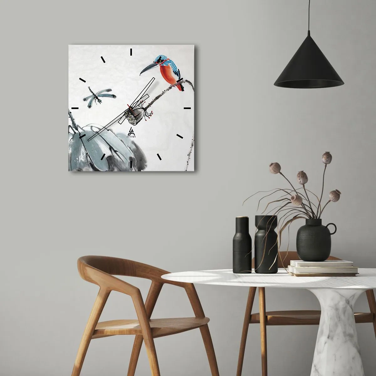 Wanduhr - Glasuhr - Ein bunter Vogel vor einem Hintergrund aus Vegetation und einer Libelle - 30x30cm - Das Leben der Wiese - Moderne Wanddekoration für Wohnzimmer und Schlafzimmer ARTTOR