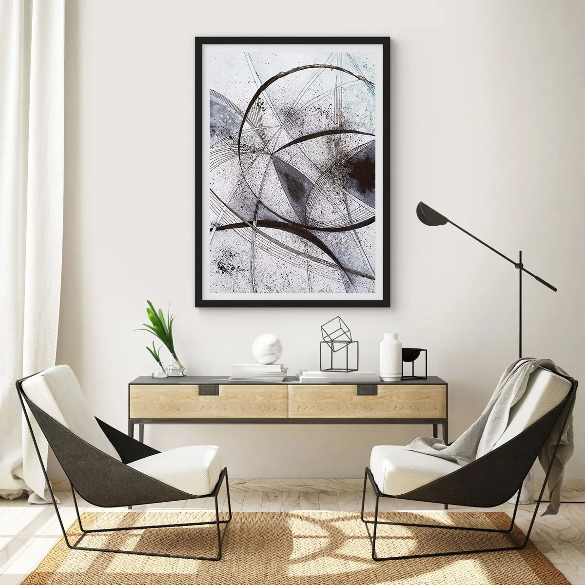 Poster in einem schwarzem Rahmen - Abstrakte Komposition aus geometrischen Linien und Kreisen - 50x70cm - Futuristische Fantasie - Moderne Wanddekoration für Wohnzimmer und Schlafzimmer ARTTOR