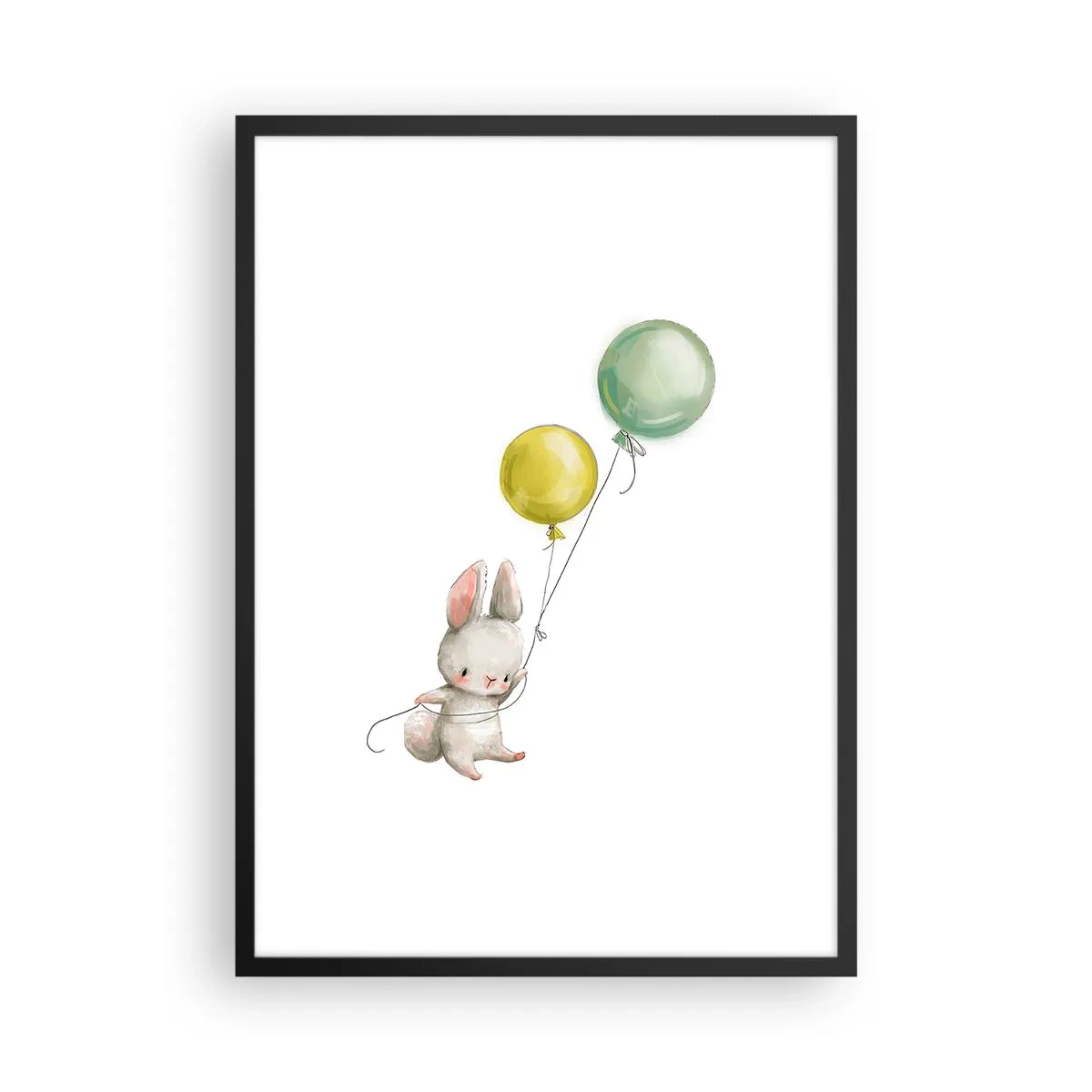 Poster in einem schwarzem Rahmen - Ein Kaninchen, das zwei grüne und gelbe Luftballons hält. - 50x70cm - Ich werde auch fliegen! - Moderne Wanddekoration für Wohnzimmer und Schlafzimmer ARTTOR