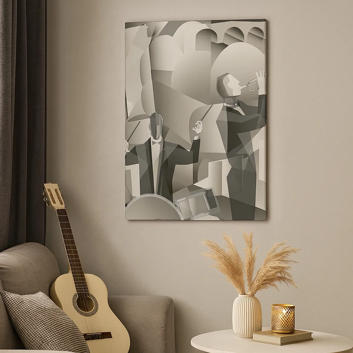 Bild auf Leinwand - Leinwandbild - Abstrakte Szene mit Jazzmusikern in Grautönen. - 50x70cm - Im Raum der Klänge - Moderne Wanddekoration für Wohnzimmer und Schlafzimmer ARTTOR
