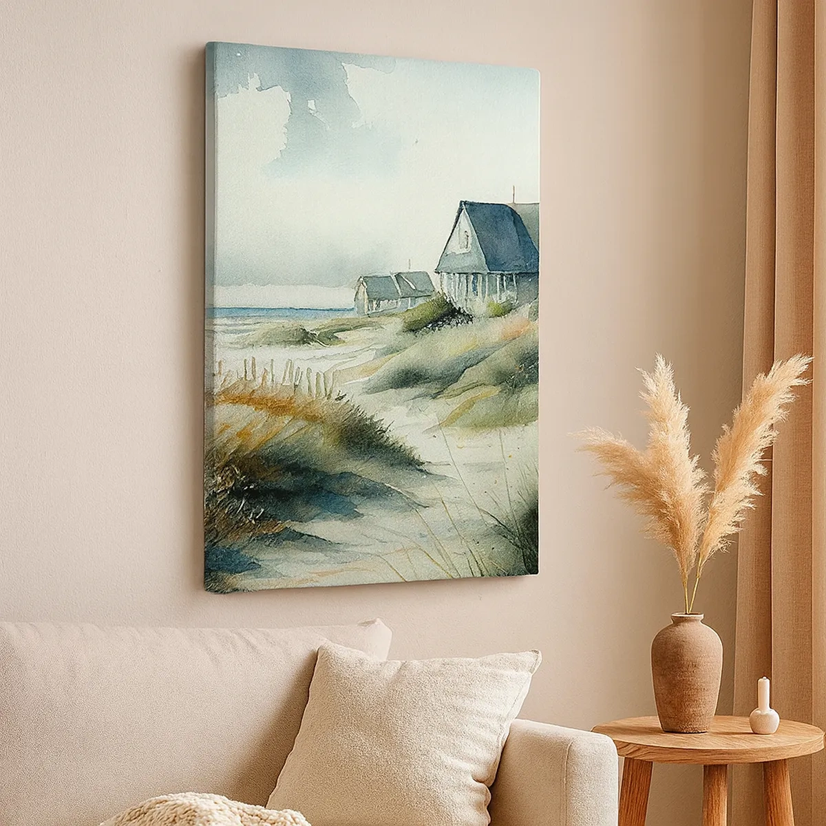 Bild auf Leinwand - Leinwandbild - Ein Haus am Meer, umgeben von Gras und mit Blick auf das Meer - 50x70cm - Abseits vom Trubel - Moderne Wanddekoration für Wohnzimmer und Schlafzimmer ARTTOR