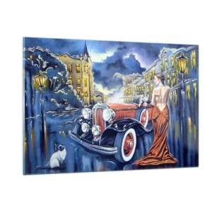 Glasbild - Bild auf glas - Eine Frau in einem eleganten Kleid neben einem Oldtimer - 120x80cm - Nocturne in Blau und Koralle - Moderne Wanddekoration für Wohnzimmer und Schlafzimmer ARTTOR