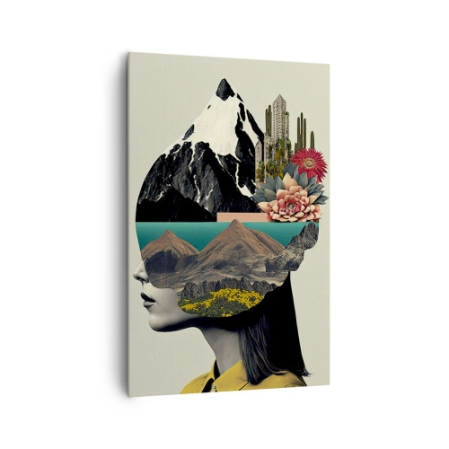 Bild auf Leinwand - Leinwandbild - Collage einer Frau mit Berglandschaft und Blumen - 80x120cm - Frau – bleibt immer ein Geheimnis - Moderne Wanddekoration für Wohnzimmer und Schlafzimmer ARTTOR