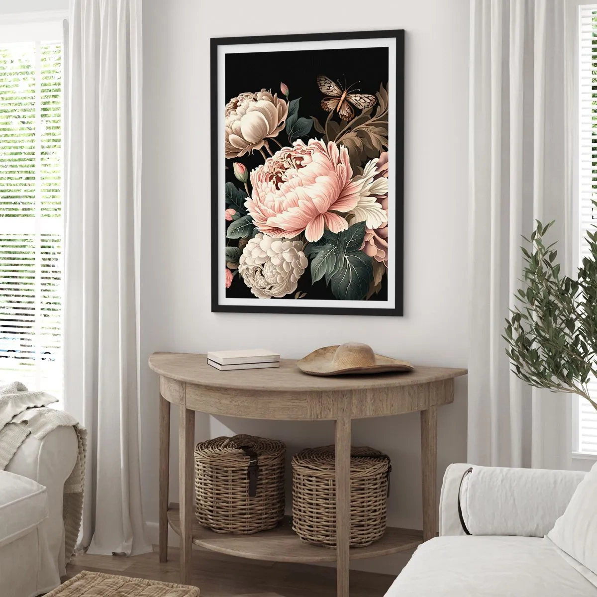 Poster in einem schwarzem Rahmen - Elegante Pfingstrosen und ein Schmetterling auf schwarzem Hintergrund - 50x70cm - Im Barockstil - Moderne Wanddekoration für Wohnzimmer und Schlafzimmer ARTTOR