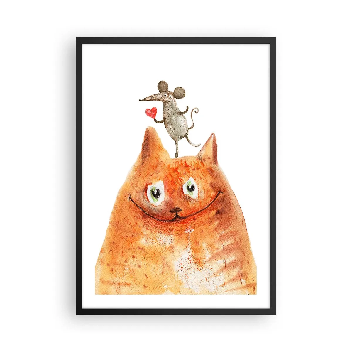 Poster in einem schwarzem Rahmen - Eine Katze mit einer Maus, die ein Herz auf dem Kopf hält - 50x70cm - Paradoxien der Liebe - Moderne Wanddekoration für Wohnzimmer und Schlafzimmer ARTTOR