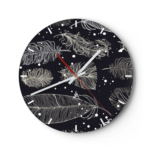 Wanduhr - Glasuhr - Weiße Federn auf schwarzem Hintergrund mit zarten Details - 30x30cm - Gefiederte Spitze - Moderne Wanddekoration für Wohnzimmer, Küche und Schlafzimmer ARTTOR