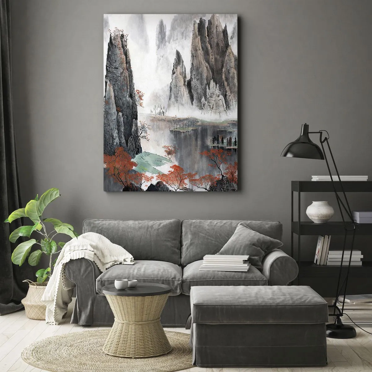 Bild auf Leinwand - Leinwandbild - Malerische Felsen und Bäume in der nebligen chinesischen Landschaft - 80x120cm - Mächtige Wächter - Moderne Wanddekoration für Wohnzimmer und Schlafzimmer ARTTOR