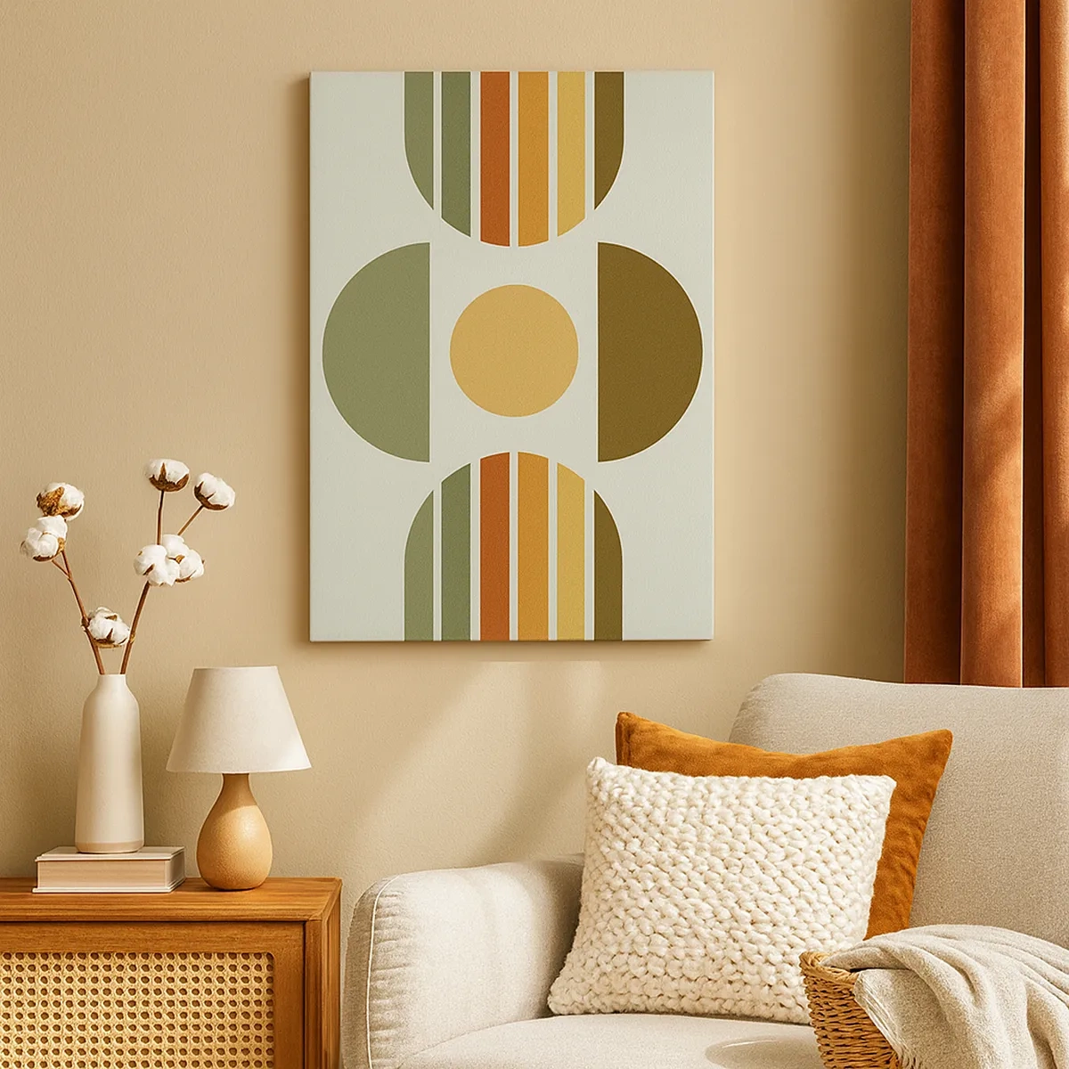 Bild auf Leinwand - Leinwandbild - Geometrische Komposition mit Halbkreisen und Streifen in Erdtönen - 50x70cm - In Erdtönen - Moderne Wanddekoration für Wohnzimmer und Schlafzimmer ARTTOR