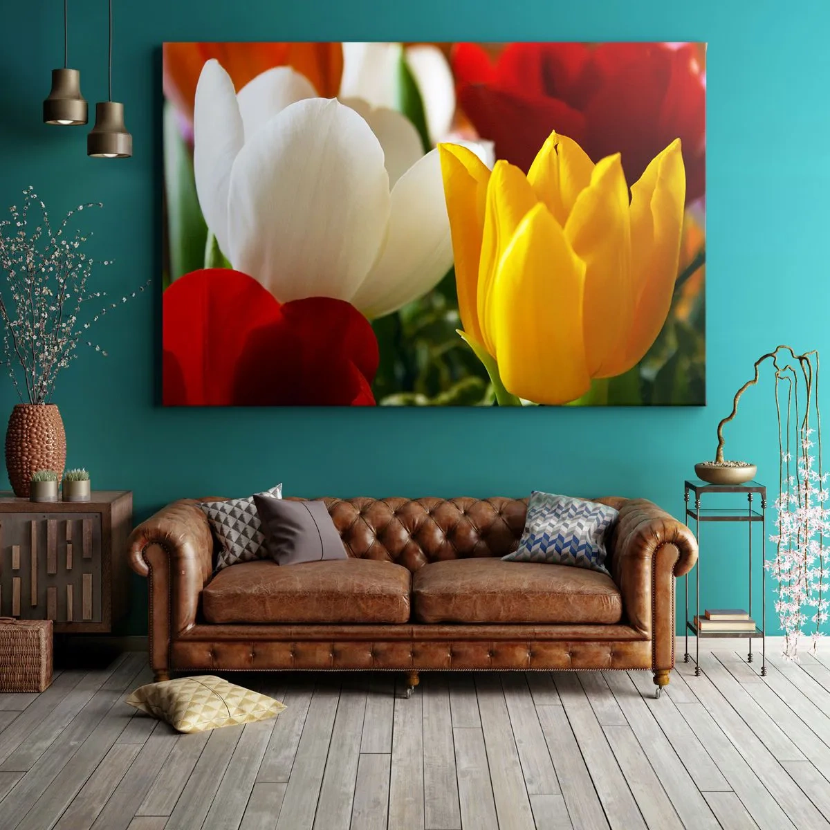 Bild auf Leinwand - Leinwandbild - Nahaufnahme von bunten Tulpen vor einem Frühlingshintergrund - 100x70cm - Tulpenfieber - Moderne Wanddekoration für Wohnzimmer und Schlafzimmer ARTTOR