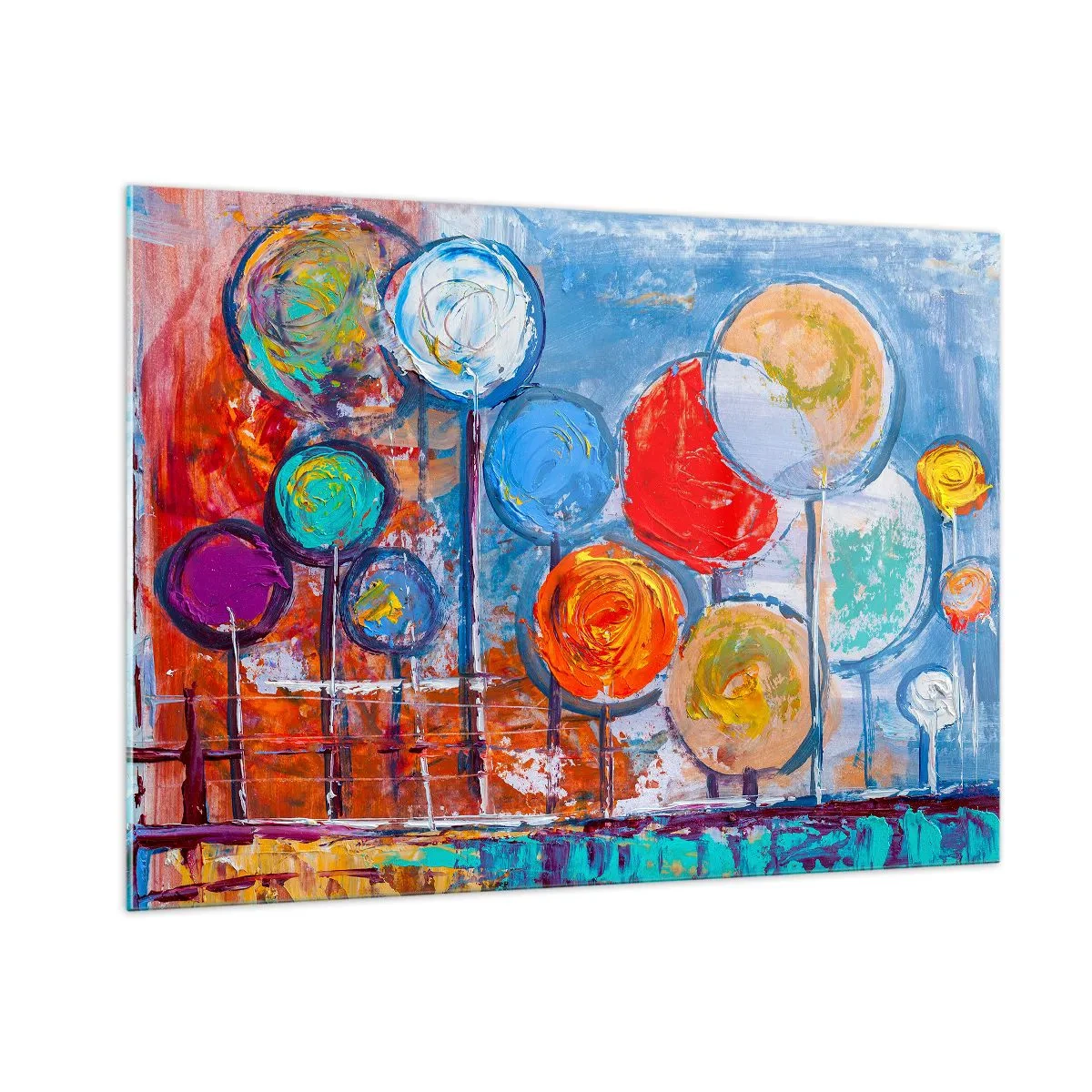 Glasbild - Bild auf glas - Bunte, abstrakte Bäume, die gegen den Himmel gemalt sind - 100x70cm - Wunder am Stiel - Moderne Wanddekoration für Wohnzimmer und Schlafzimmer ARTTOR