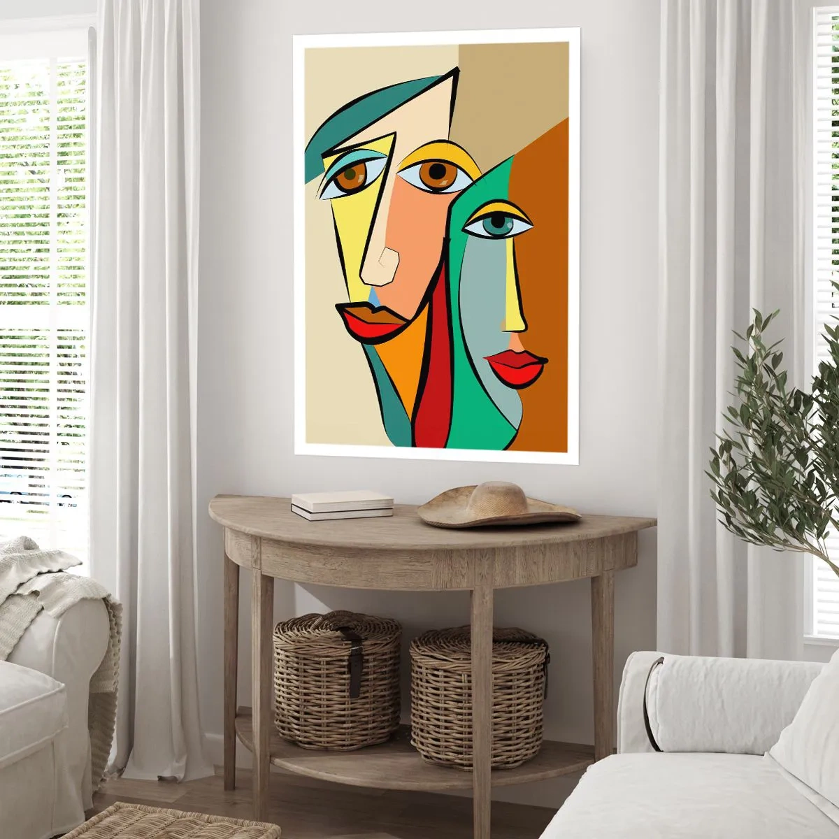Poster - Abstrakte Gesichter im kubistischen Stil in warmen Farben - 50x70cm - Kubistisches Paar - Moderne Wanddekoration für Wohnzimmer und Schlafzimmer ARTTOR