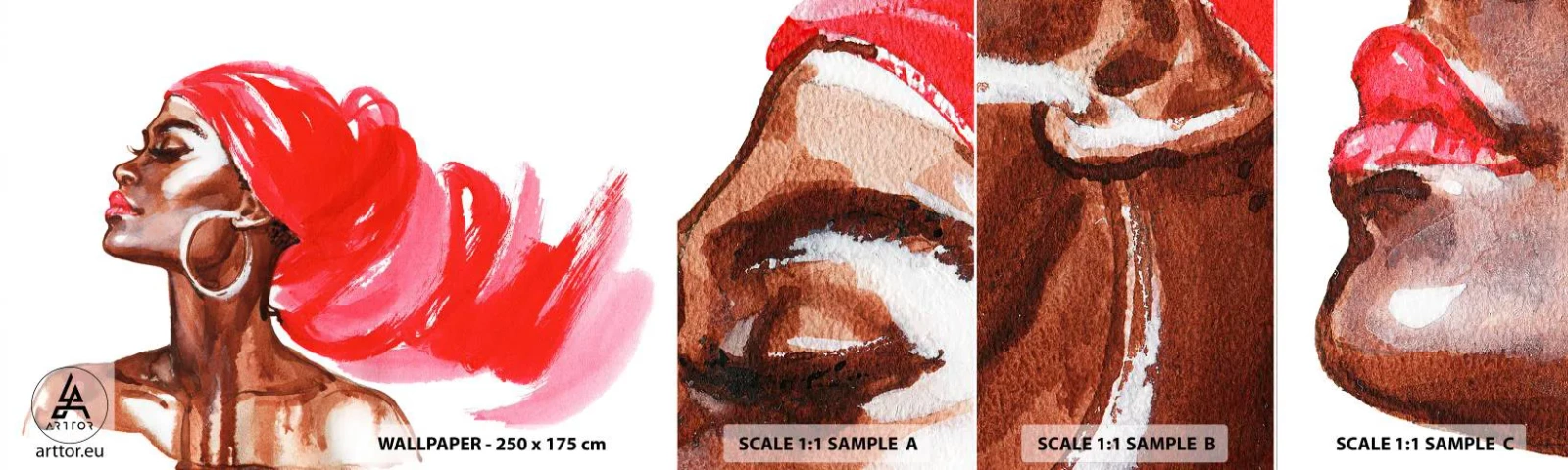 Fototapetenmuster Standard Eco - Es weht ein Wind, der die Nase eines Mannes öffnet - Porträt einer Frau, Das Gesicht einer Frau, Abstraktion - 100x30 cm