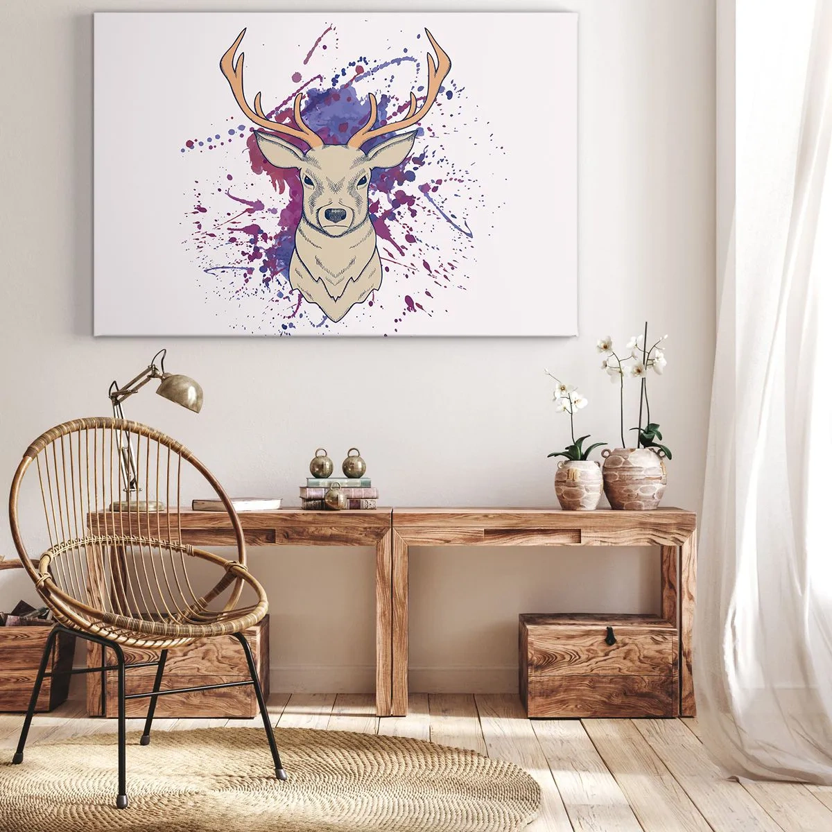 Bild auf Leinwand - Leinwandbild - Porträt eines Hirsches mit abstrakten Flecken im Hintergrund - 70x50cm - Mut und Ausgeglichenheit - Moderne Wanddekoration für Wohnzimmer und Schlafzimmer ARTTOR
