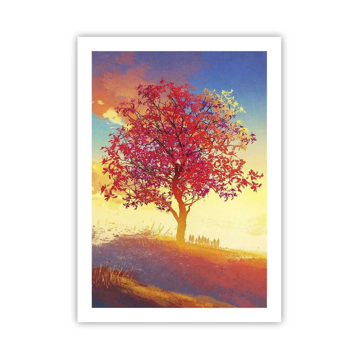 Poster - Ein Baum mit roten Blättern vor dem Hintergrund der untergehenden Sonne - 50x70cm - Pilger am Ziel - Moderne Wanddekoration für Wohnzimmer und Schlafzimmer ARTTOR