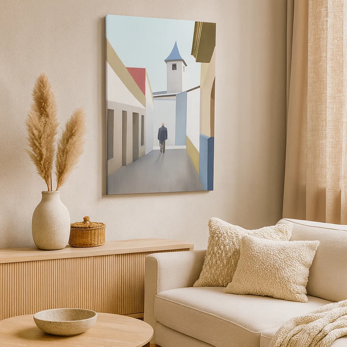 Bild auf Leinwand - Leinwandbild - Eine minimalistische Straße mit der Silhouette eines Mannes im Hintergrund - 50x70cm - Sonniger Spaziergang - Moderne Wanddekoration für Wohnzimmer und Schlafzimmer ARTTOR