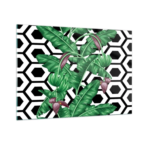 Glasbild - Bild auf glas - Tropische Blätter und Blumen vor einem schwarz-weißen geometrischen Musterhintergrund - 100x70cm - Von Natur aus eine symmetrische Komposition - Moderne Wanddekoration für Wohnzimmer und Schlafzimmer ARTTOR
