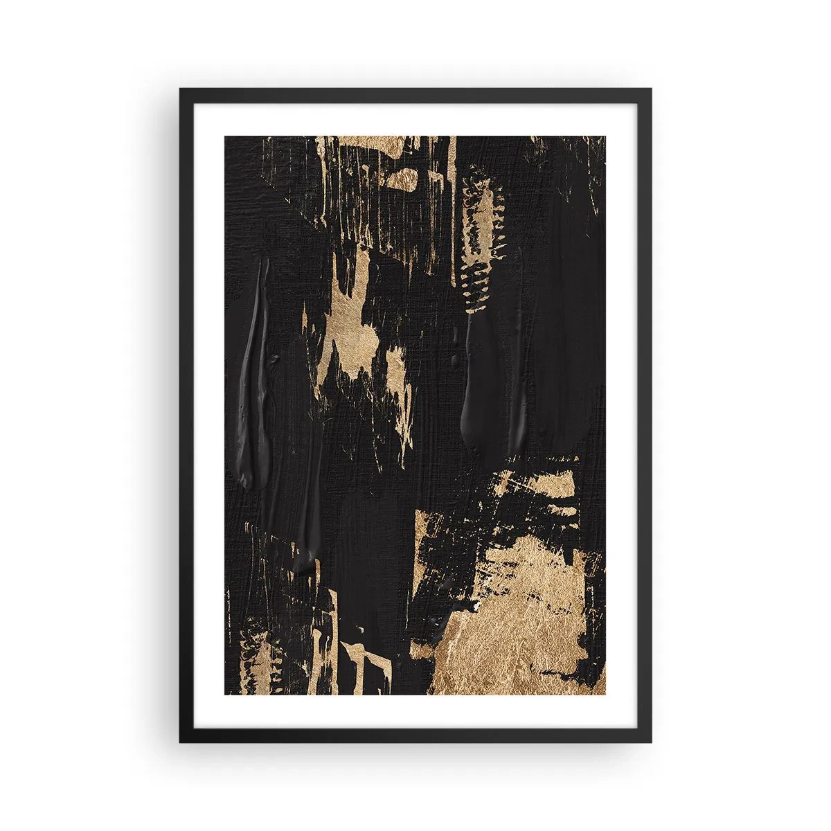 Poster in einem schwarzem Rahmen - Abstrakte Gemäldekomposition in Schwarz und Gold - 50x70cm - Spur einer Berührung - Moderne Wanddekoration für Wohnzimmer und Schlafzimmer ARTTOR