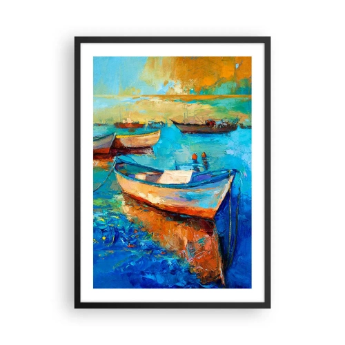 Poster in einem schwarzem Rahmen - Bunte Boote auf dem Wasser im impressionistischen Stil - 50x70cm - In der südlichen Bucht - Moderne Wanddekoration für Wohnzimmer und Schlafzimmer ARTTOR